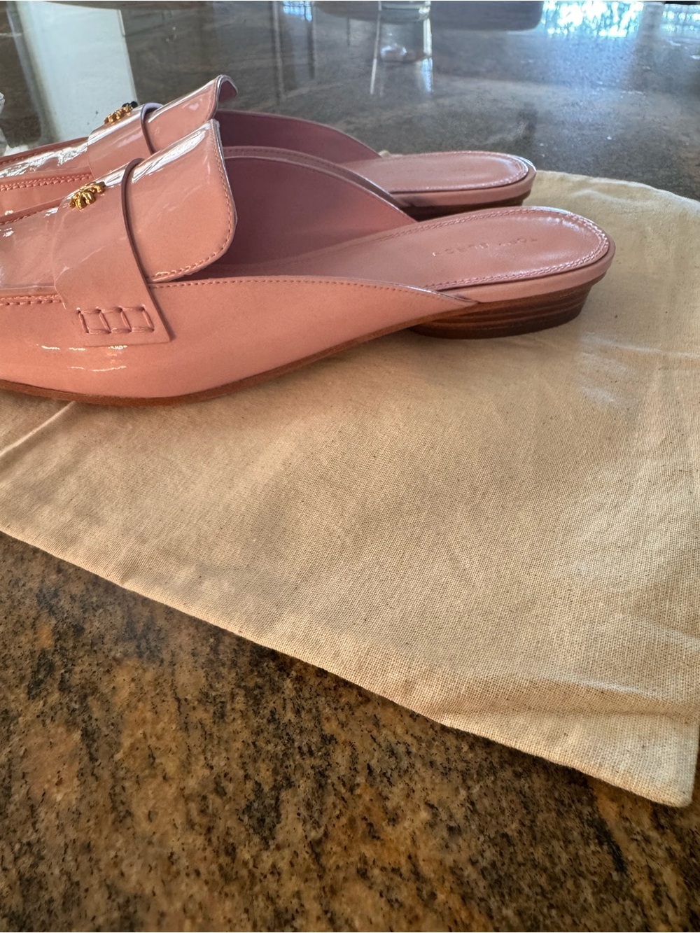 Tory Burch Blush Pink Patent Leather Mule Loafers with Gold Logo - Picture 6 of 6